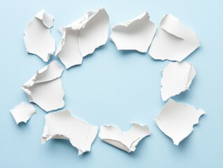 Poster - Torn white paper pieces arranged in circle on blue background flat lay overhead shot studio shot abstract concept design element