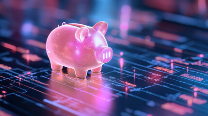 Poster - Glowing piggy bank stands out against digital background, symbolizing savings and financial growth in modern world