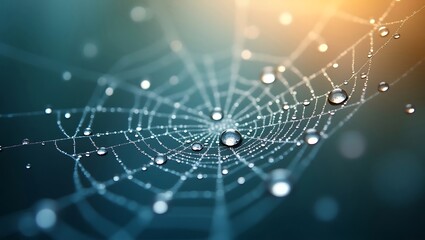 Spiderweb net of morning dew drops glistens in the macro light of nature
