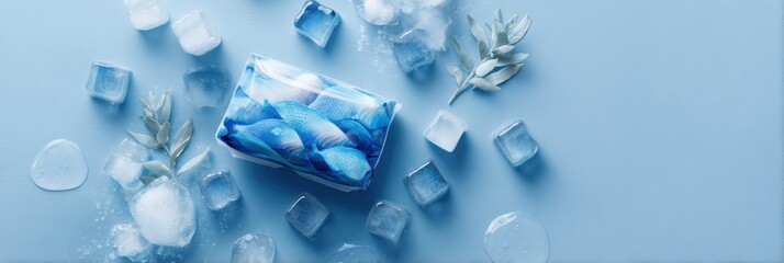 Poster - Mockup of Frozen Fish Packaging on Soft Blue Background With Ice Cubes and Leaves