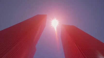Poster - Worm's-eye view of red skyscrapers reaching for a sunburst against a blue sky in downtown Los Angeles California