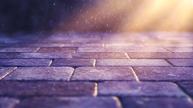 Purple and Blue Cobblestone Pavement at Night with Glowing Light and Shadows