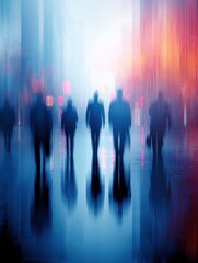 Poster - Abstract Impression of Business People Walking in City Street on Rainy Day with Motion Blur and Reflections