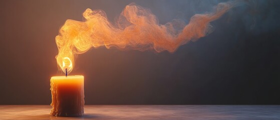 Poster - Lit Candle Emitting Swirling Smoke on Tabletop Still Life Warm Light Moody Ambiance Indoor Studio Shot