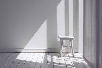 Poster - White Stool Bathed in Sunlight Against a Minimalist White Interior Wall and Floorboards with Strong Light and Shadow Play