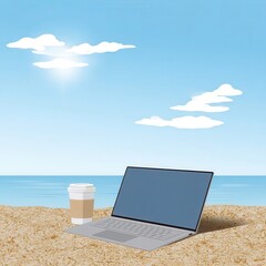 Poster - Beachside laptop and coffee cup digital illustration.