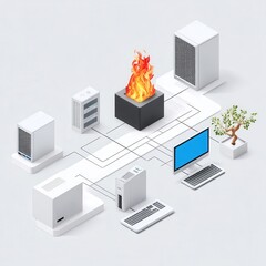 Poster - Network system with a central server experiencing a fire simulation.