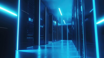 Aufkleber - Sleek server corridor with intense blue lighting reflecting on polished floors, representing secure cloud systems, AI networks, and futuristic data infrastructure