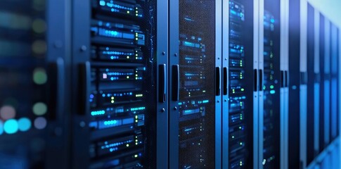 Fototapete - Close-up view of a modern server aisle with active green and blue indicator lights, ideal for showcasing cloud infrastructure, cybersecurity, and enterprise technology environments.