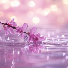 Poster - Pink blossom branch with water droplets reflecting in water surface soft focus bokeh background dreamy aesthetic