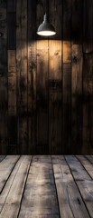 Poster - A cozy tranquil interior setting featuring a weathered wooden wall and floor with a single spotlight casting a warm inviting glow