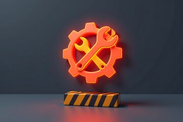 Poster - 3D Rendering of Orange Gear and Wrenches Icon on a Striped Platform, Representing Technical Support and Maintenance Services.                         