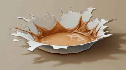 Poster - Cartoonish splash of caramel liquid in white frame on beige background studio shot artistic illustration