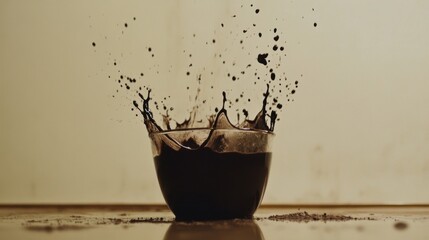 Poster - Chocolate liquid splash in glass bowl on table, studio shot, dynamic motion, brown tones, food photography