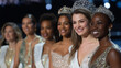 © Shiki - A glamorous moment from the Miss Universe competition, featuring contestants in elegant evening gowns on a brightly lit stage, smiling with confidence under spotlights.