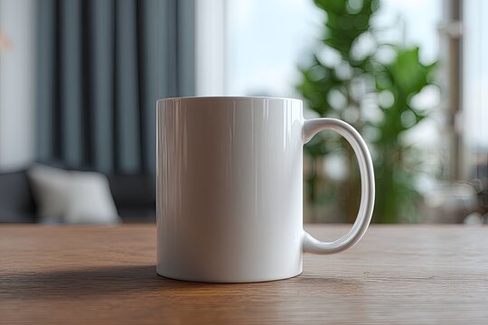 White ceramic mug on a wooden table,  in a cozy living room setting