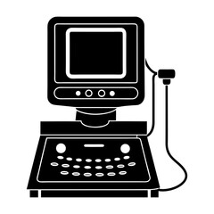 Poster - Illustration of a vintage computer with a screen and keyboard in solid black silhouette style art