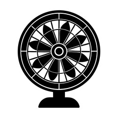 Poster - Illustration of a black and white electric fan with a circular frame and multiple blades on a stand