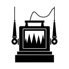 Poster - Illustration of a black and white device with hanging elements and a wire connection on top side