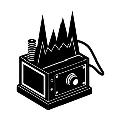Poster - Illustration of a black and white isometric machine with spikes and a knob on the front panel design