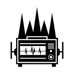 Poster - Black and white electrocardiograph machine with a waveform display and a set of tall spikes behind it