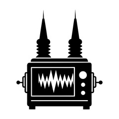 Poster - Illustration of a black and white vintage electrical device with two spires and a waveform display