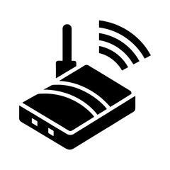 Poster - Illustration of a black wireless router with antenna emitting wifi signal in isometric view design style