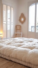Poster - Interior of a bright airy bedroom with a large white fur mattress on the floor and a rattan chair in the background