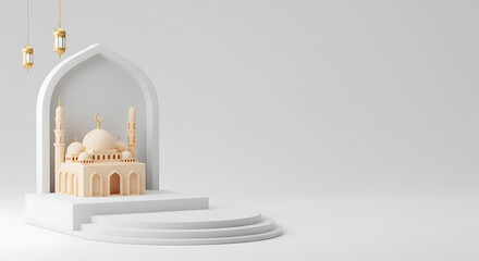 Poster - Minimalist mosque 3D render scene with podium and arch ideal for Islamic religious events like Ramadan and Eid or product displays, 3D illustration