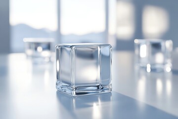 Poster - Three Glass Cubes Reflecting Light on a White Surface in a Minimalist Style with Shallow Depth of Field in an Indoor Setting