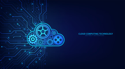 Poster - Concept of Cloud Computing. Gears with a cloud shape on a circuit board in a futuristic blue background. Database computing, online storage, Data storage, and IOT. Vector illustration.