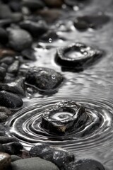 Poster - Water Droplet Falling into Stream with Rocks Creating Ripples Close Up Still Life Nature Photography
