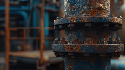 Poster - Industrial pipeline detail close up showcasing rust and corrosion in a factory setting with a blurred background of metal structures