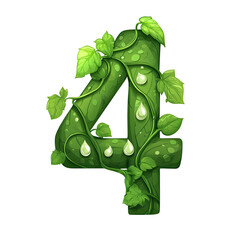 Poster - Green number four intertwined with vibrant leaves and dewdrops isolated on a transparent background symbolizing nature and growth.