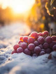 Poster - Close up of frozen red grapes in snow at vineyard during sunrise in winter season with golden light and frost