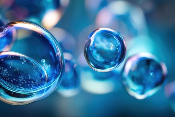 Poster - Abstract Macro Shot of Water Bubbles with Blue Hue and Small Air Bubbles Inside Reflecting Light in Studio