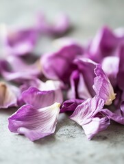 Poster - Delicate purple petals scattered on gray surface close up macro shot of floral arrangement for romantic themes