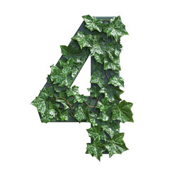 Poster - Isolated number four decorated with green ivy leaves and small white accents on a transparent background suitable for design elements.