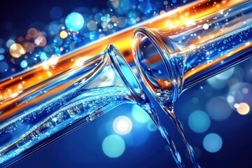 Poster - Abstract Close-Up of Interconnected Glass Tubes with Flowing Liquid and Bokeh Lighting in Blue and Orange Tones