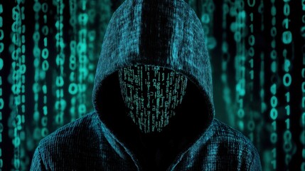 Mysterious Figure in Hoodie Surrounded by Digital Code Streams