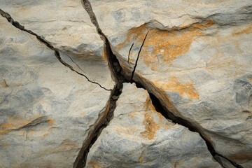 Poster - Close-up of Cracked Rock Surface Showing Geological Fault Lines and Mineral Staining in Natural Light; Texture and Pattern Detail