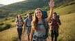 © Stocksy - Group of hikers with backpacks on a trail in a hilly landscape.