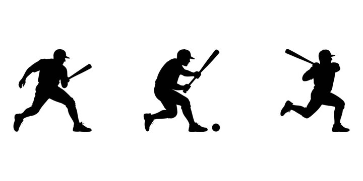 set of black various poses baseball player silhouette, A collection of black silhouettes depicting various baseball players in action, showing positions like batting, pitching, catching, and fielding