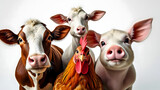 Group of farm animals including brown and white cow, white calf, pink piglet, and colorful rooster posing together on white background