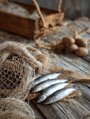 Aufkleber - Rustic Netting With Freshly Caught Fish Arranged on Weathered Wooden Surface at a Coastal Location During Daylight