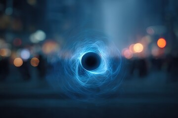 Poster - Mysterious swirling blue energy in a bustling city at night creates an intriguing focal point