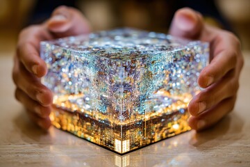 Poster - Unique crystal cube structure with vibrant light reflections held in hands indoors