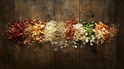 Poster - An artistic arrangement of kimchi ingredients, including chili powder, garlic, and ginger, beautifully displayed on a rustic wooden surface for a traditional touch.