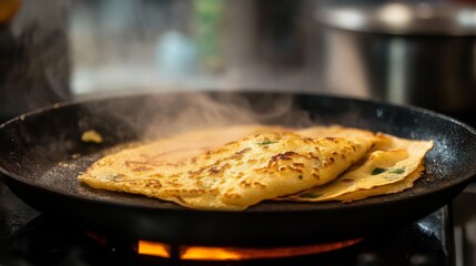 Poster - An artistic shot of a dosa being prepared on a hot griddle, with golden-brown edges and a slight crisp, emphasizing the cooking process and delicious aroma.