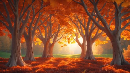 Poster - In autumn's gentle warmth, a maple tree is drenched in sunlight's shades